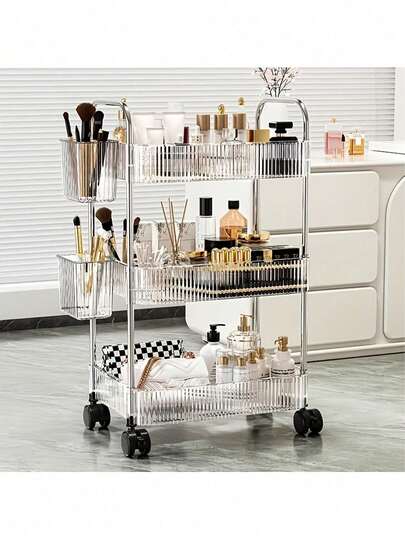 1pc 2-Tier/3-Tier/4-Tier Rolling Acrylic Makeup Organizer Cart With Wheels - 360° Rotating Transparent Acrylic Storage Cart, Multipurpose For Bathroom And Living Room, Portable Makeup Cart | Modern Organizer | Multi-Layer Trolley, Vanity