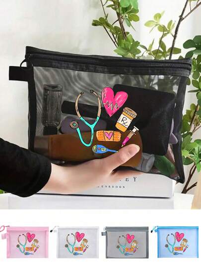 网眼尼龙护士主题化妆包，休闲风格，听诊器、心形、注射器、体温计图案印花，可爱化妆包，医护人员最佳礼物，女士礼物，便携式多功能化妆包，女士化妆包旅行洗漱包，返校医生护士礼物，化妆包护肤包洗漱包，旅行必备宿舍必备