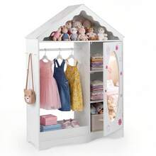Kids Dress Up Storage W/ Mirror Roofed Wardrobe Closet W/ Open Hanging Rack - White - View 3