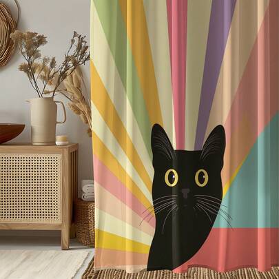 1 chiếc rèm tắm in hình mèo đen, chất lượng cao, phù hợp với phòng tắm hiện đại, rèm tắm dùng được cả bốn mùa, kèm 12 móc treo.