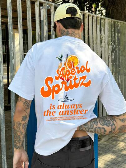  FRACTYR Men's Summer Casual Street Fashion Loose Orange Juice Glass Double-Sided Print Round Neck Short Sleeve T-Shirt