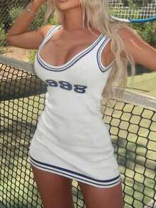 Women's Sexy Fitted Ribbed Knit Mini Dress, Summer High Street Collegiate Sleeveless Fitted Sweater Spring - Xanh và trắng - Xem 3