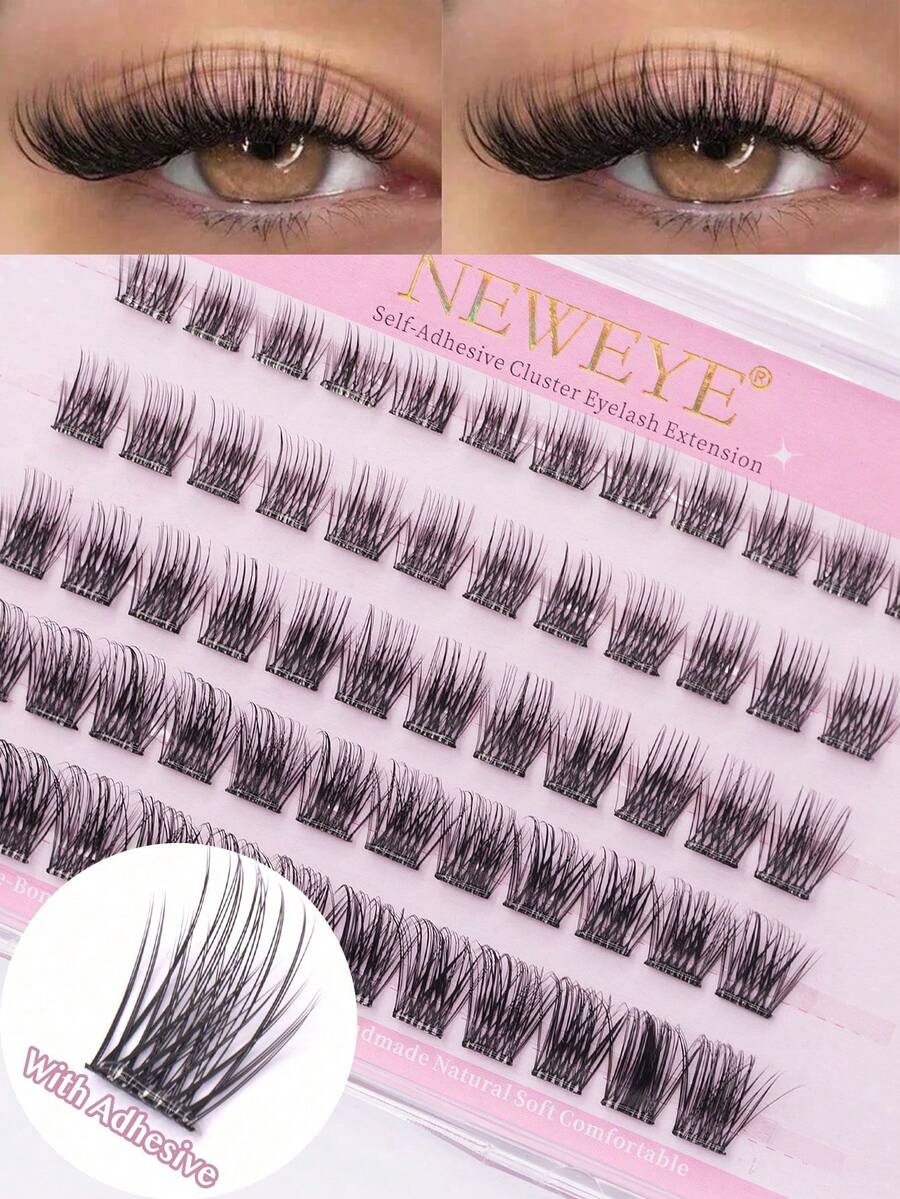 60簇自粘假睫毛，蓬松假睫毛簇，8-16毫米混合D卷度，预粘睫毛簇，无需胶水，单根假睫毛，自然妆效，棕色睫毛簇，无需胶水或卸妆产品，假睫毛，漫画风格假睫毛，送给女性和女孩的礼物，化妆工具 - D - 查看 1