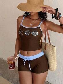 Women's Swimsuit Camisole, Elegant Sexy Ocean Print Lobster Crab Turtle Starfish Hibiscus Triangle Swimwear, Women's Crop Top With Built-In Bra Camisole Set, Suitable For Vacation, Beach, Pool And Sports, Autumn/Winter 2026 Spring/Summer, Music Festival, Basic, Graduation Ceremony, Women's Camisole And Spaghetti Strap Beach Outfit - 棕色 - 查看 6