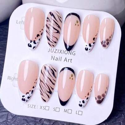 Bộ 10 miếng dán móng tay thủ công, phụ kiện móng tay, móng giả, sticker móng tay, móng mùa hè, móng ngắn, nghệ thuật dập móng, bộ móng acrylic dập móng, phong cách Y2K, móng trắng, móng đen, với họa tiết ngựa vằn và báo đốm vẽ tay đơn giản và thanh lịch, phù hợp cho phụ nữ đi làm hàng ngày và dự tiệc.