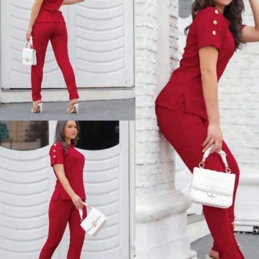 Women's Super Elegant Jacquard Top And Pants Set - Burgundy - View 1