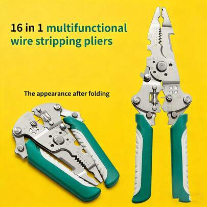 1Pc A Multifunctional Foldable Wire Stripper That Combines 16 Different Functions. It Serves As A Compression Tool, Wire Stripper, And Can Meet The Working Conditions And Requirements Of Most Electrical Workers. It Features An English-Labeled Foldable, Slip-Resistant Handle Design, Making It More Convenient To Carry And Use. Suitable For Home Use, Electrical Work, And Pliers.