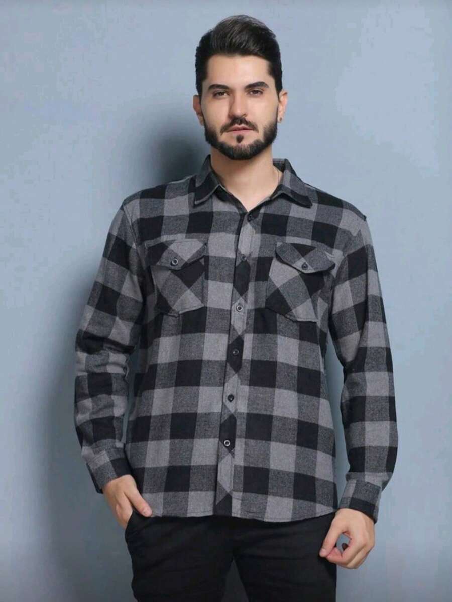 Plus Size Men's Long Sleeve Plaid Flannel Shirt - 深灰色 - 查看 1