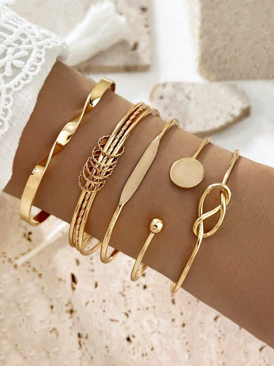 5pcs Layered Interlocking Bangle Bracelets, Unique Minimalist Versatile Bracelet Set For Women - Gold - View 1