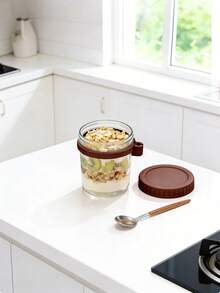 500毫升/16盎司（半罐装）隔夜燕麦梅森罐，带勺盖，密封燕麦片容器，带刻度，便携式谷物罐 - 咖啡棕 - 查看 3