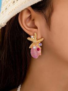 2pcs Creative Niche Ocean Style Starfish & Shell Earrings, Suitable For Women's Daily Wear - Pink - View 7