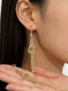 Hoa tai tua rua dài hình kim cương thời trang Hàn Quốc thanh lịch dành cho phụ nữ, hoa tai sang trọng nhẹ đính đá toàn bộ đa năng giúp làm thon gọn khuôn mặt - Vàng - Xem 7