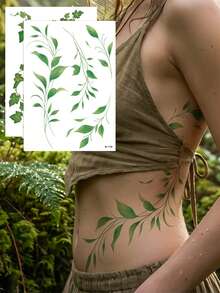 3pcs Set Of Large, Fresh-Looking Green Leaf And Vine Plant Temporary Tattoos For Women, Long-Lasting Arm Tattoos, Body Stickers For Face, Arm, Chest, Waist, Abdomen, Legs, Fake Tattoos - Green - View 7