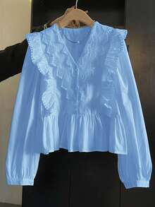 ii Plus Size Casual Solid Color Lace Patchwork Ruffle Trim Long Sleeve Top - Blue - View 2