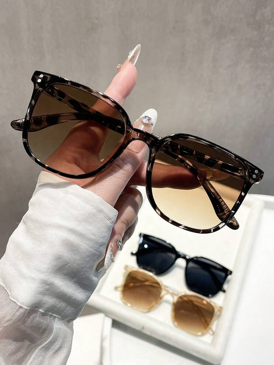 3副休闲长方形镜框时尚眼镜，Y2K时尚夏季海滩旅行派对礼物，百搭日常佩戴女士眼镜套装 - 彩色 - 查看 1