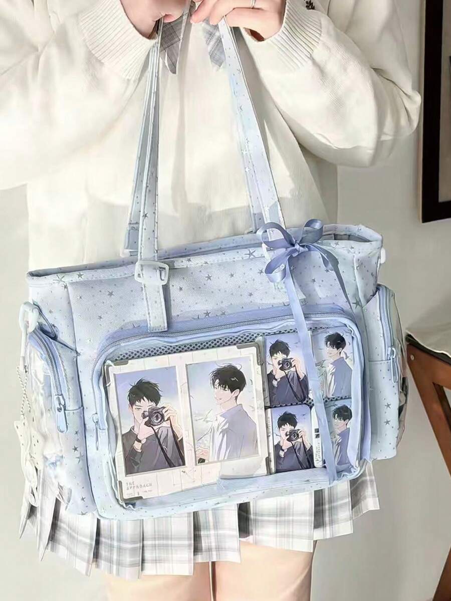 1件日系軟妹清新百搭女款單肩包，高品質尼龍材質星星印花，多口袋大容量動漫斜挎包，JK漫畫展DIY透明裝飾包，雙側口袋透明層日常休閒大容量托特包，學生書包輕量托特包，可愛甜美風女包尼龍材質防潑水布料 Ita Bag 展示動漫周邊參加漫畫展購物派對旅行