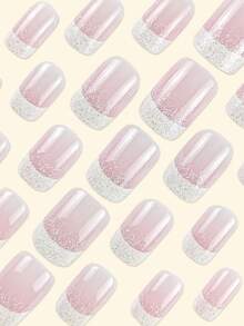 24pcs Press On Nails French Nails Y2k Light Purple Nails Medium Square Glitter Reusable Press On Acrylic Nails Fake Nails Nails Supplies Free Of 24 Pieces Of Jelly Tabs And A Mini File - Mauve Purple - View 3