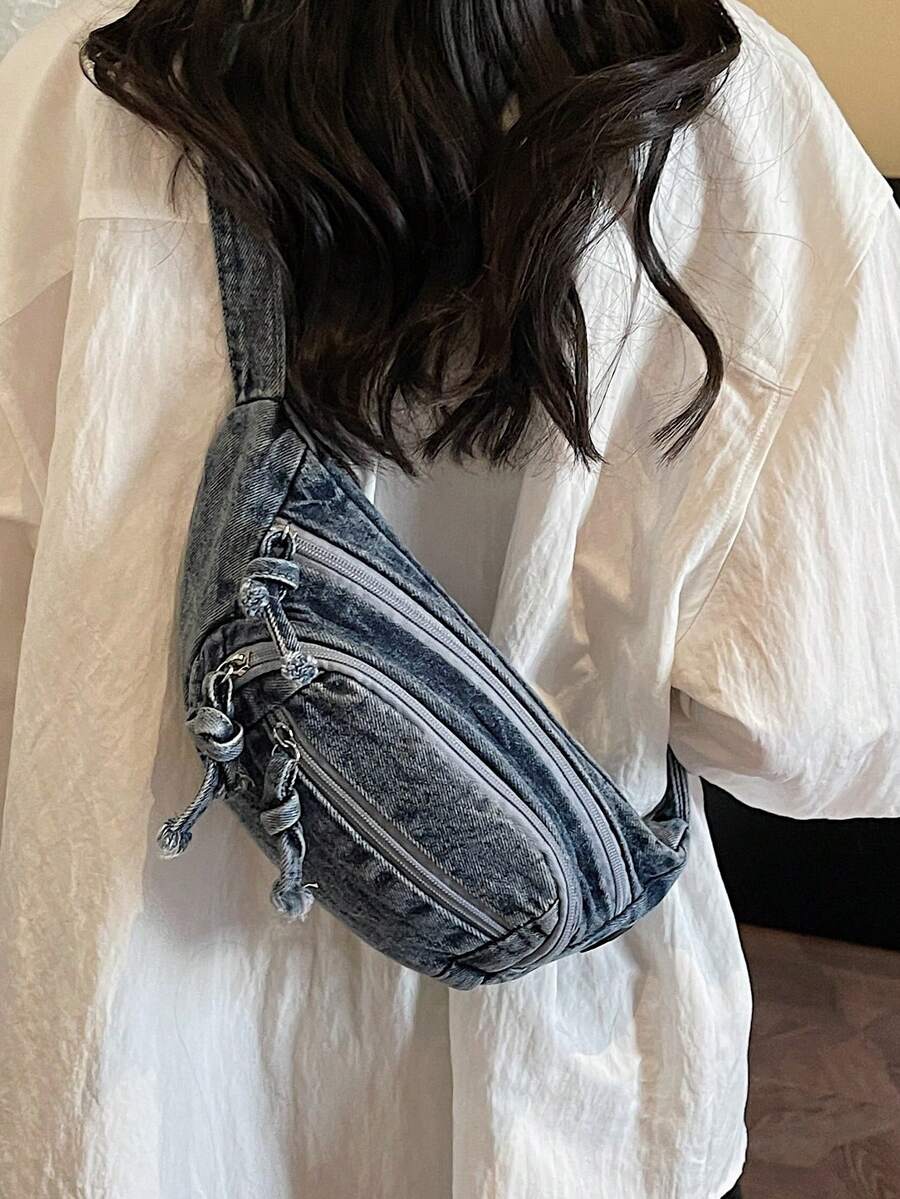 Women's Vintage Washed Denim Chest Bag, Multi-Pocket Design For Organized Storage, Adjustable Shoulder Strap, Suitable For Casual Outings, Shopping, And Daily Commute