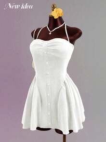 Women's Elegant Sweet & Spicy White Halter Tie-Waist Mini Dress, Front Button Pleated Soft Stretchy Fabric Sweetheart Neckline A-Line Hem Sweet & Fashionable Summer Dress, Suitable For Yacht, Beach Vacation, Party And Daily Outings - White - View 6