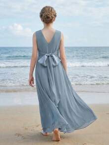 Đầm chiffon ôm sát, không tay, cổ chữ V, hở lưng, xếp ly ở eo, thanh lịch, thích hợp cho du lịch, kỳ nghỉ, tiệc sinh nhật, đám cưới, bé gái cầm hoa, phù dâu, dạ hội, các dịp trang trọng. - Màu xanh lam - Xem 9