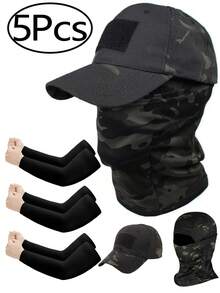 5Pcs/Set Men Hook And Loop Camouflage Baseball Cap+Balaklava Ski Mask + Arm Sleeves Outdoor Adjustable Sunscreen Leisure Hat Spring Autumn Travel Tourism Beach Vacation - Multicolor - View 1