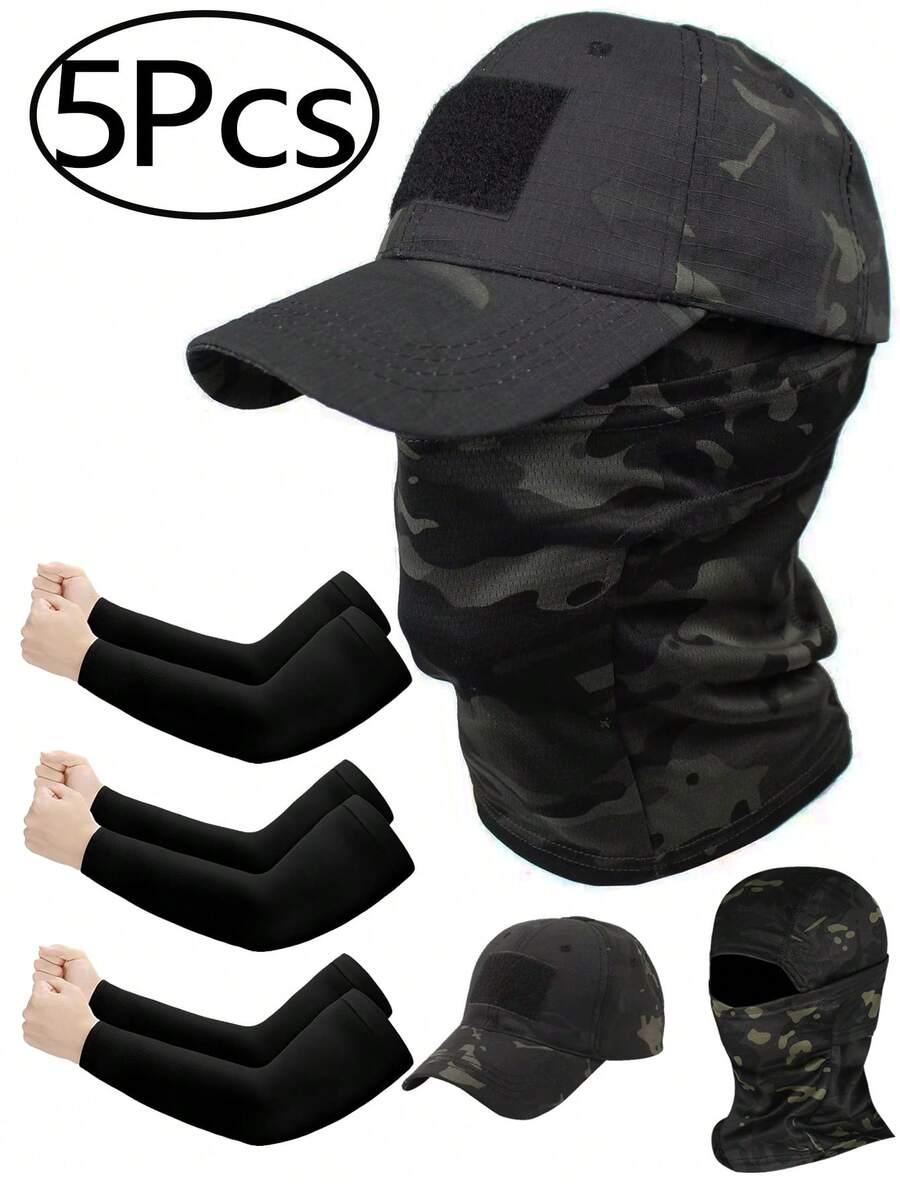 5Pcs/Set Men Hook And Loop Camouflage Baseball Cap+Balaklava Ski Mask + Arm Sleeves Outdoor Adjustable Sunscreen Leisure Hat Spring Autumn Travel Tourism Beach Vacation - Multicolor - View 1