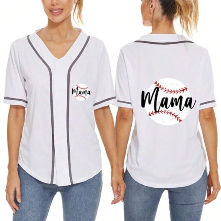 Mowbeat - Camisetas de béisbol con estampado de letras para mamá mamá con botones regalo de cumpleaños deporte cuello en V playera para mujer - Blanco - Ver 1