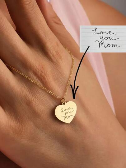 1pc Customized Heart-Shaped Necklace, Handwritten Jewelry, Personalized Signature Pendant, Elegant Gift For Her, Meaningful Jewelry Handwritten Necklace For Girlfriend, Mother's Day Gift For Mom - Commemorative Gift For Mom, Dad, Handwritten Jewelry Memento