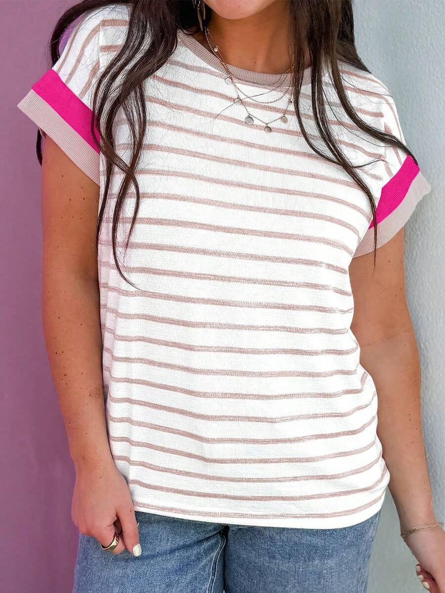 Khaki Stripe Print Hot Pink Contrast Trim Round Neck Short Sleeve Knit Top - Multicolor - View 1