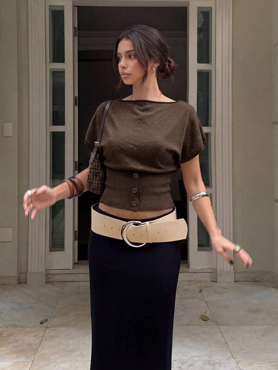 HoloChill Women Off-Shoulder Batwing Sleeve Knit Top, High Stretch Fabric, Button Detail, Regular Length, Asymmetric Hem, Summer Blouse, Women's Spring Clothing, Women's Holiday Party Top, Women's Beach Outfit, Women's Casual Outerwear, Women's Elegant Summer Vacation Wear - Coffee Brown - View 1