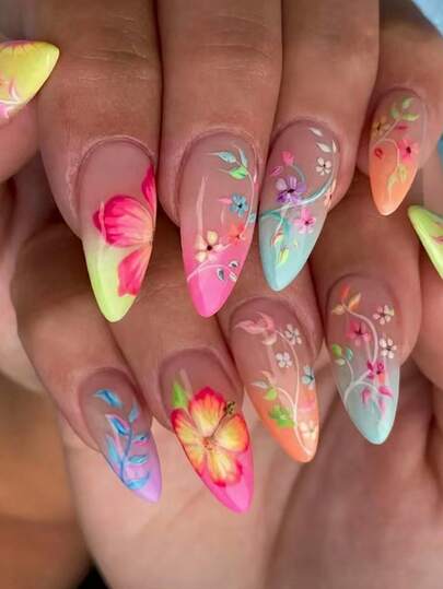 24pcs Almond-Shaped Short Press-On Nails, Fresh & Sweet Designs Including Colorful Floral Patterns, Minimalist Cute False Nails Suitable For Parties And Daily Wear, Comes With Jelly Gel And Nail Files