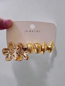 9 Pairs Luxury Gold Earrings (Outshine At Easter), 3D Floral + Shell Texture + Twisted Hoops, Perfect For Easter Dates, Commuting, Parties - Instantly Become The Focal Point! - Gold - View 7