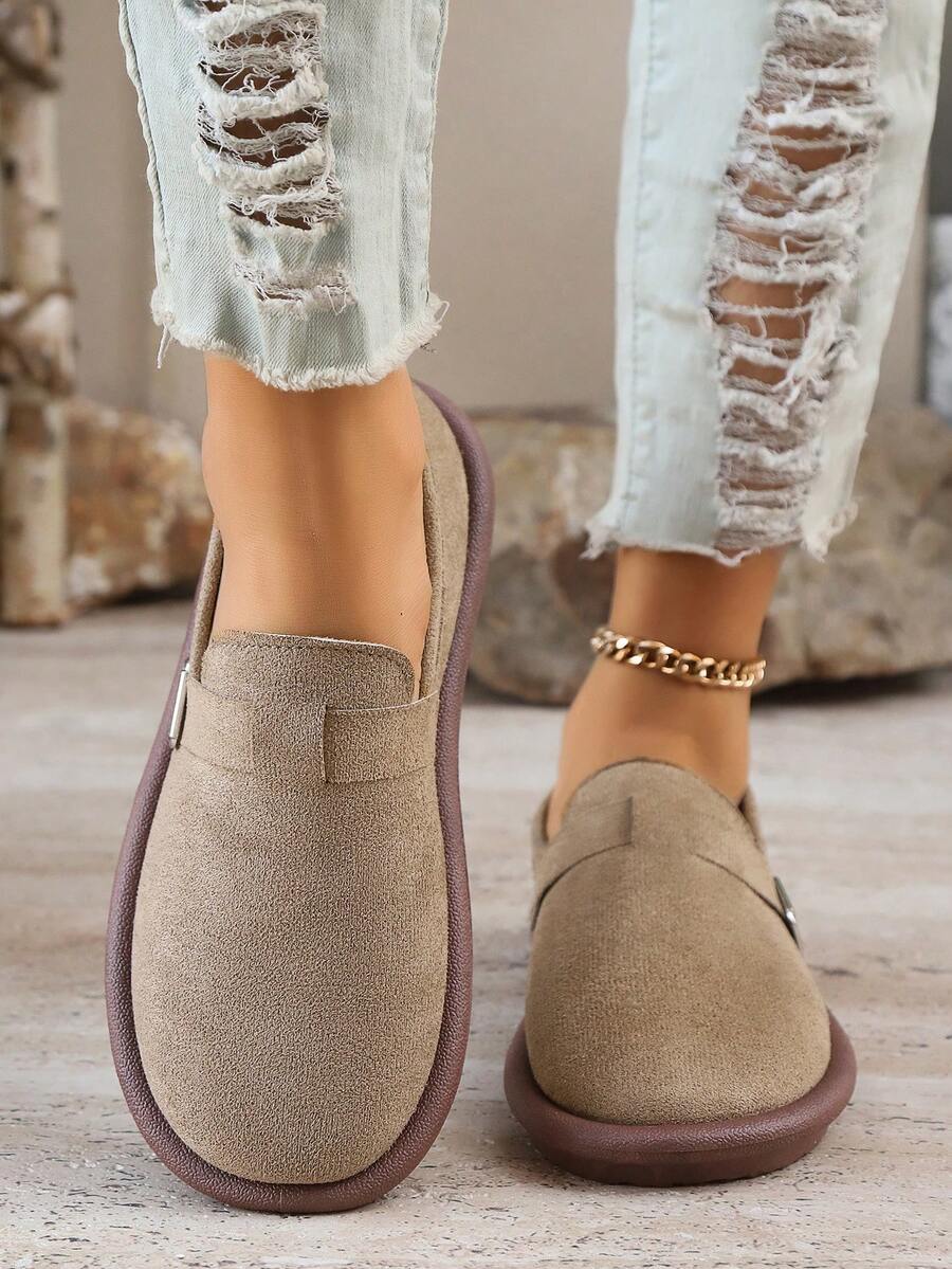 Mocasines de ante para mujer, con correa con hebilla, zapatos sin cordones, uso casual y cómodo para todas las estaciones - Caqui - Ver 1