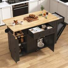 59" Rolling Kitchen Island Table With Power Outlet, Drop Leaf - Mobile Cart With Hidden Trash Cabinet & Towel Rack - Black - View 2