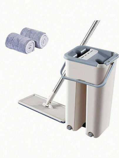 Bộ 1 xô lau nhà phẳng kèm 2 miếng lau bằng sợi microfiber, xô tự vắt dễ dàng, dùng được cả khi lau ướt và khô, thích hợp cho sàn gỗ công nghiệp, sàn gỗ cứng và sàn gạch màu trắng.