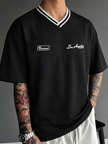 Simple Studio | Áo thun nam cổ chữ V phối màu kiểu vintage "City Boy" mới | Thoải mái & Thoáng khí | Thiết kế - màu đen - Xem 1