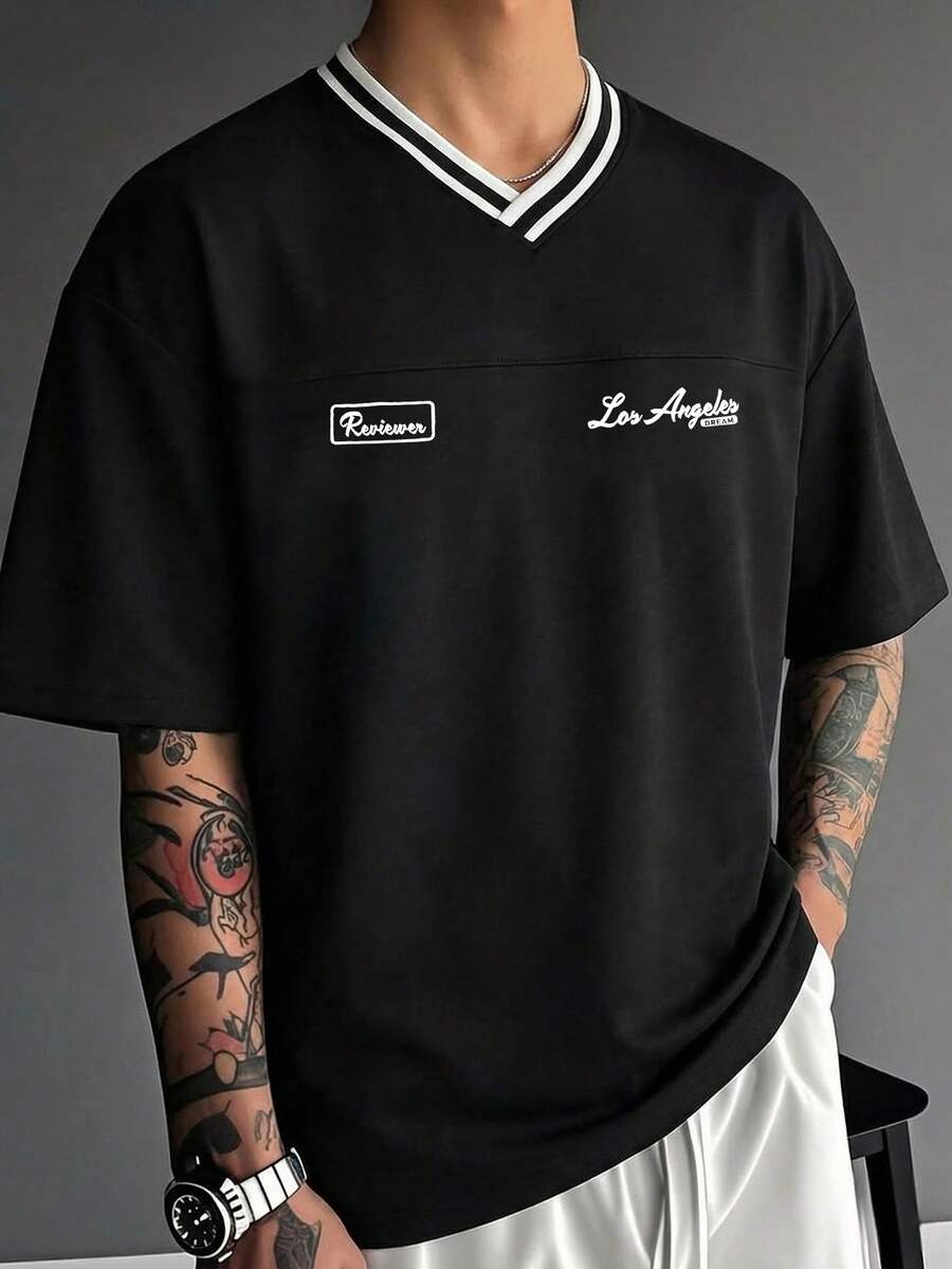 Simple Studio | Áo thun nam cổ chữ V phối màu kiểu vintage "City Boy" mới | Thoải mái & Thoáng khí | Thiết kế - màu đen - Xem 1