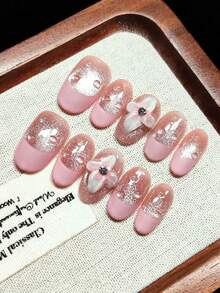 按压式假指甲，手工制作，可佩戴，短椭圆形指甲款式，法式粉色渐变冰花猫眼，银色细闪，粉色法式镶边，手工3D白色雕刻，透明圆珠，闪亮钻石，温柔甜美风格，精致梦幻，可重复使用 - 粉色 - 查看 5