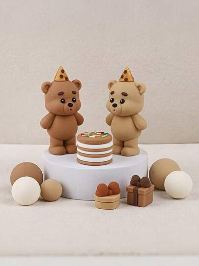 1pc Candle Blow Out Bear Birthday Cake Decor, Children's Birthday Party Cake Decorations, Bear Plush Doll Figurine Gift Box Topper