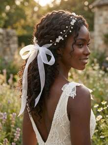 1pc Elegant Faux Pearl & Flower Decor Bridal Hair Vine, Boho Ribbon Tie Headpiece Wedding Hair Accessory For Women - Gold - View 3