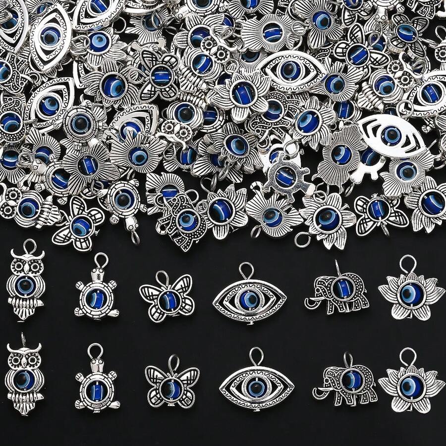 10pcs 24x11mm Blue Evil Eye Handmade Pendant, Alloy Owl Elephant Butterfly Turtle Flower Shaped Pendant, Suitable For Fashion Jewelry Making Necklace Bracelet Earring DIY Accessories - Random Style - View 1