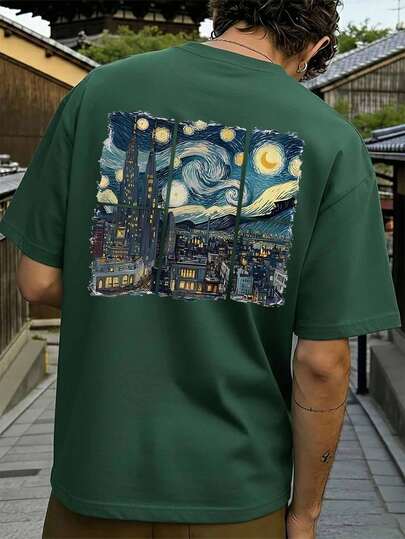  FRACTYR Men's Summer Fashion Minimalist Street Van Gogh Starry Sky Print Round Neck Short Sleeve T-Shirt | Basic Style Street Casual Versatile Top, Boyfriend/Husband Gift