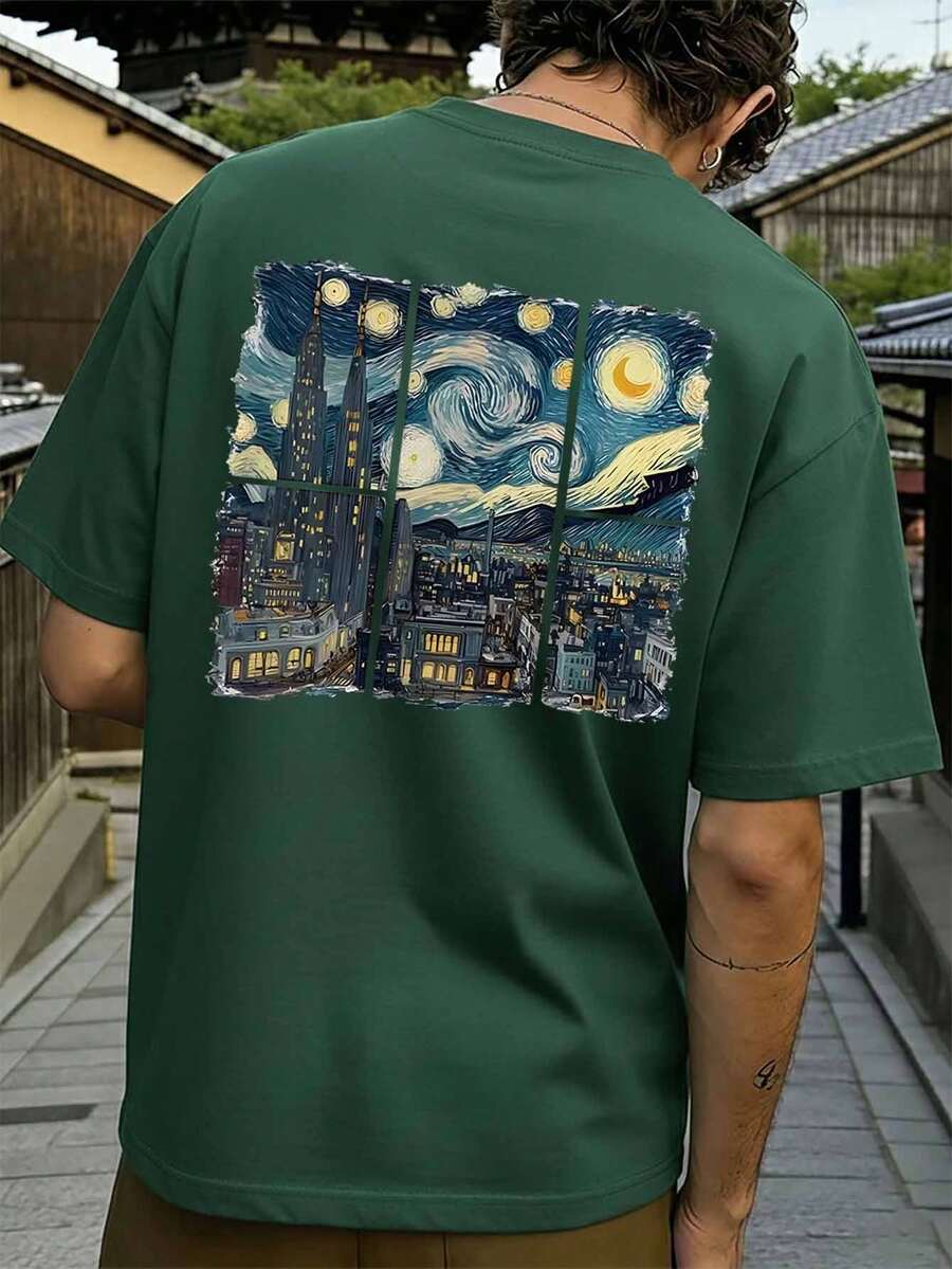 FRACTYR 男士夏季时尚简约街头梵高星空印花圆领短袖T恤 | 基础款街头休闲百搭上衣，男友/老公礼物 - 墨綠色 - 查看 1