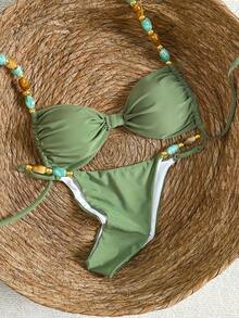 Bikinx Women's Elegant Halter Backless Beaded Bikini Set High Cut Boho Swimwear With Tie Back Details And High Stretch Fabric - Green - View 5