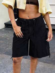 Womens Y2K Drawstring Jean Shorts Summer Elastic Waist Baggy Cargo Denim Shorts Casual Stretch Jorts With Pockets - 黑色 - 查看 3