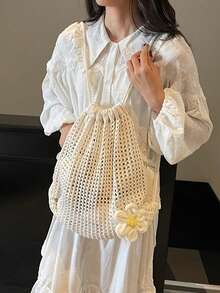 女士抽绳编织网袋双肩包，简约时尚手提包，独特的米色钩针编织双肩包，抽绳闭合，开口设计，新款极简主义编织网抽绳镂空针织女士双肩包，独特的波西米亚风钩针编织手提包 - 时尚夏季沙滩手提包，适合休闲外出和放松，沙滩包，适合海滩和休闲穿着，沙滩必备包款，适合海滩和休闲旅行 - 彩色 - 查看 10