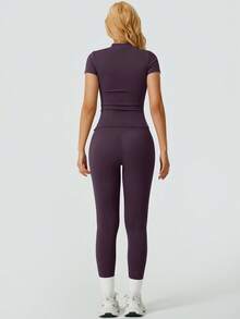 Women's Seamless Short Sleeved Long Pants Stretchable Waist Abdomen Control High Waist Training Fitness Equipment Collar Set Fitness Yoga Fitness Purple Buttock Lifting Outfit - 紫色 - 查看 4