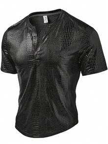 Áo thun ngắn tay Henley nam thời trang thường ngày, chất liệu vải họa tiết da cá sấu thoáng khí, thích hợp cho mùa xuân/hè. - màu đen - Xem 2