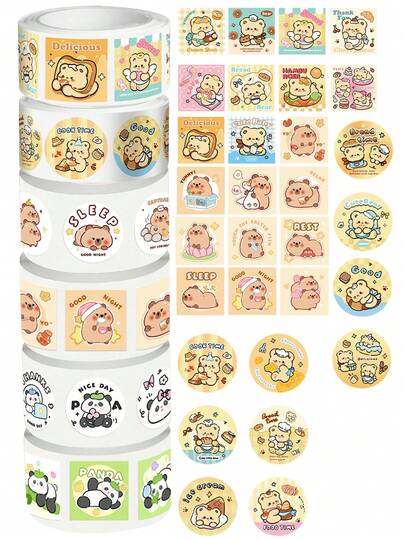 4pcs/1pc Cream Bear Kapibara Sealing Stickers, Cartoon Sticker Roll 300pcs/Roll, Random Style DIY Decorative Stickers