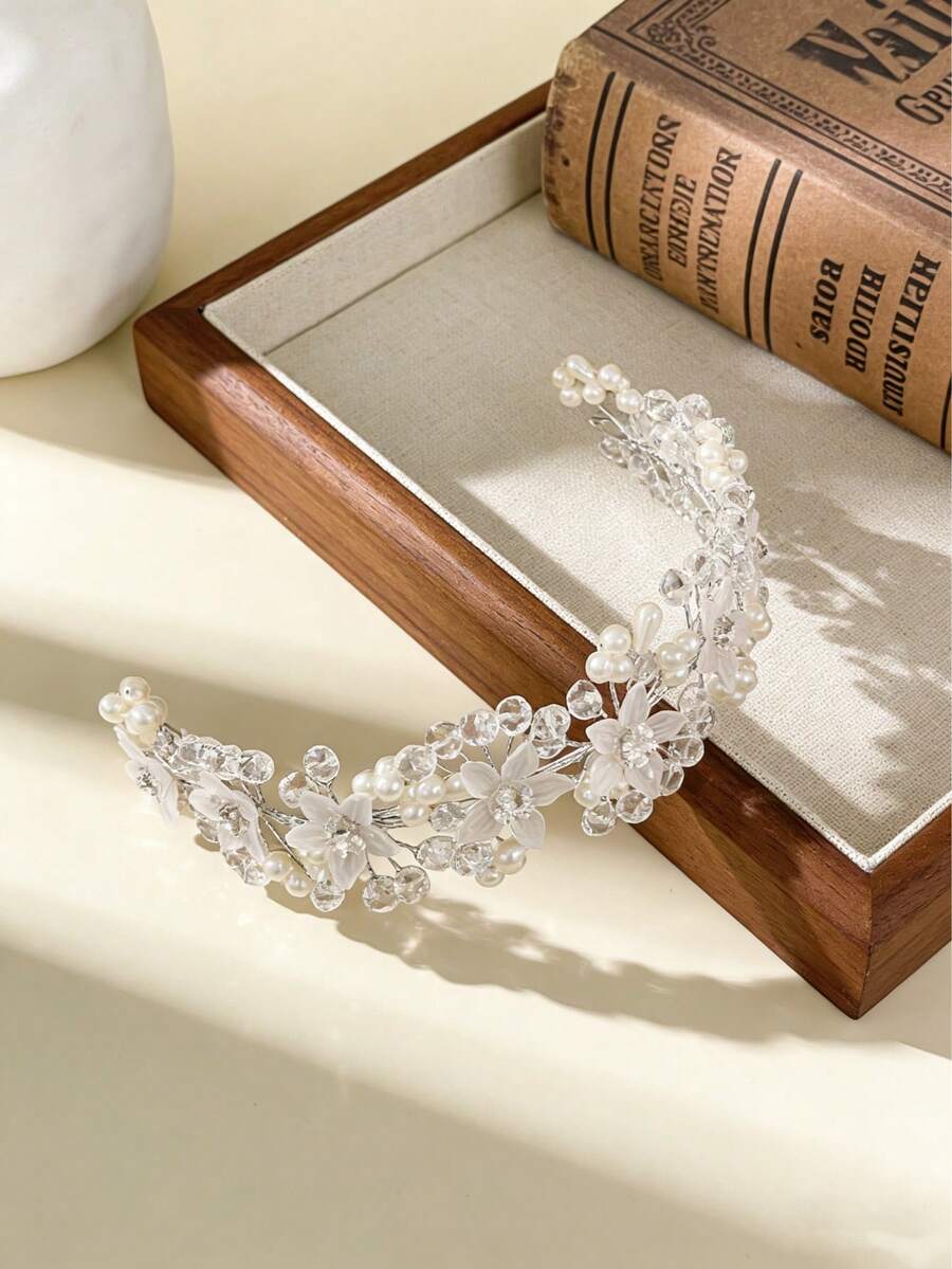 1pc Girls Pearl 3D Flower Headband, Wedding Bridesmaid Holiday Party Hair Accessory - Multicolor - View 1